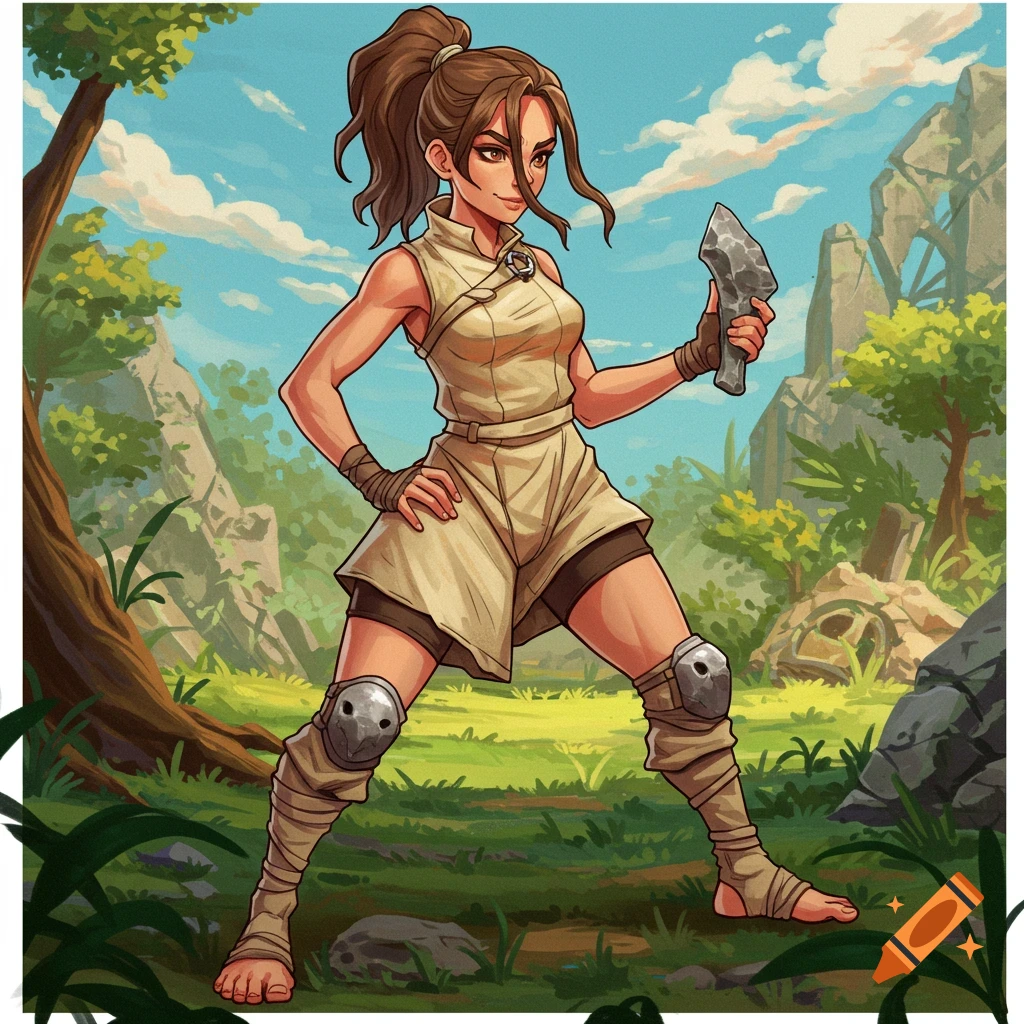 Anime illustration of a woman in survival gear holding a stone tool in a post-apocalyptic landscape.