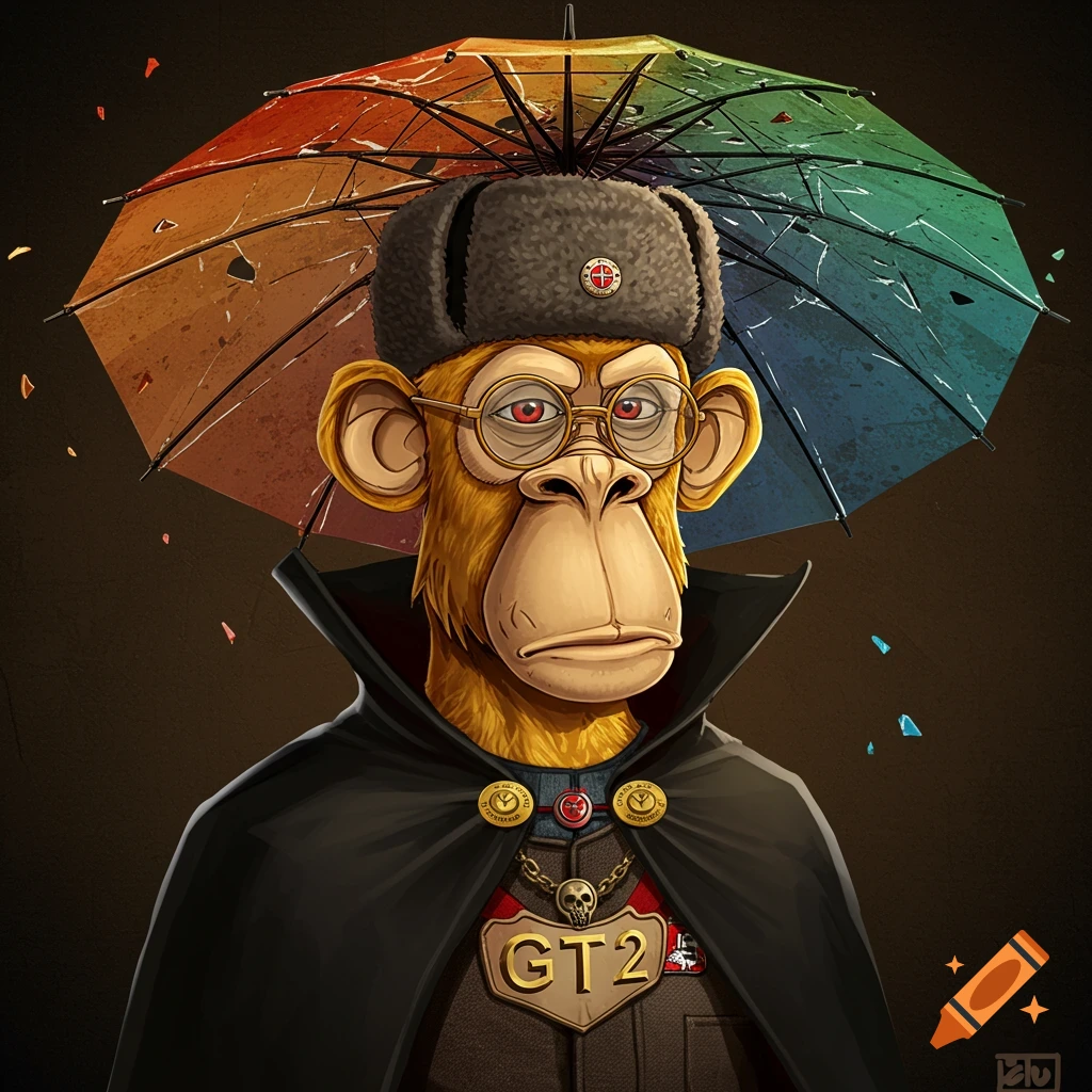 A stylized portrait of a monkey wearing a ushanka hat, cape, and glasses, holding a shattered glass umbrella. Badge reads GT2.