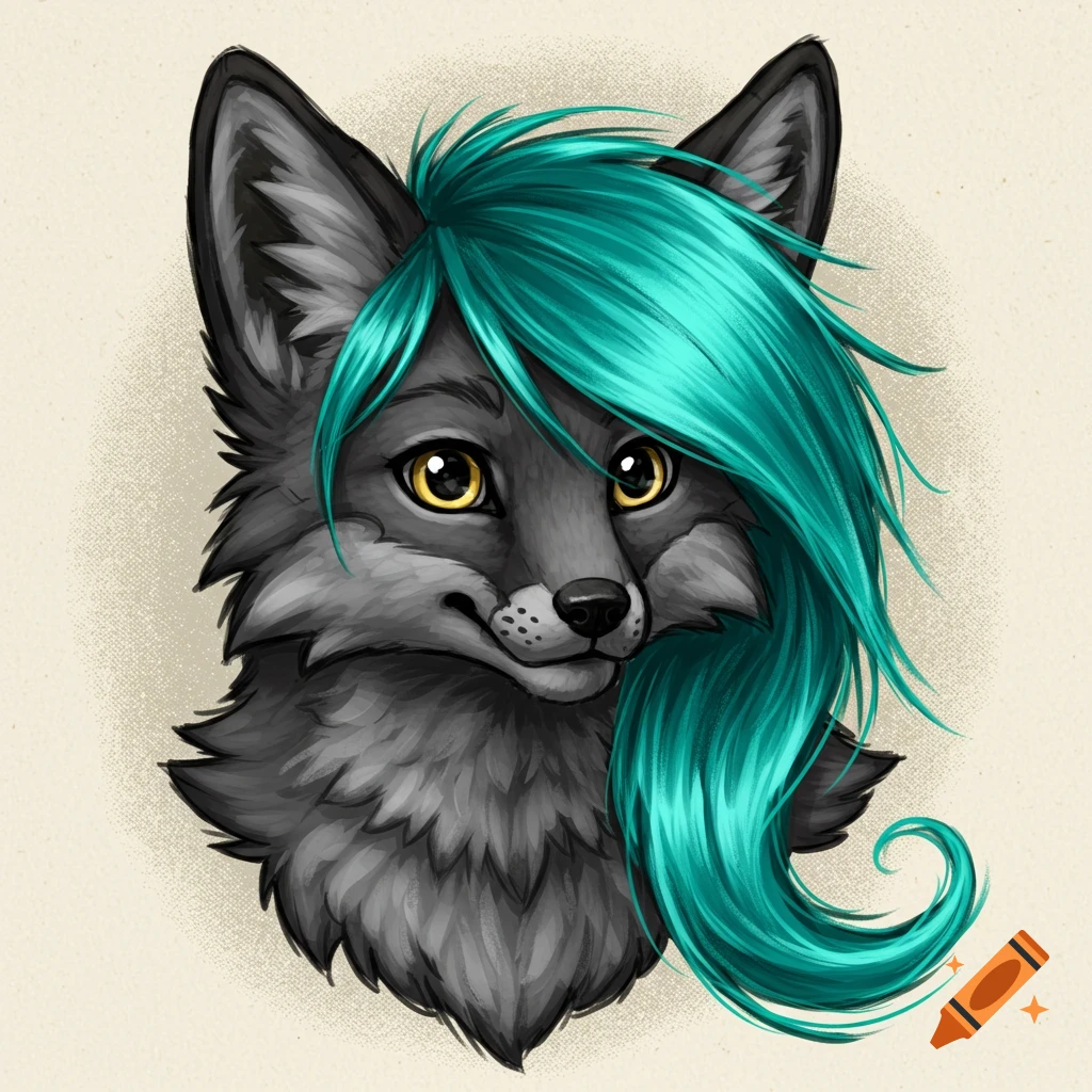 Stylized illustration of a black and grey fox head with teal hair.