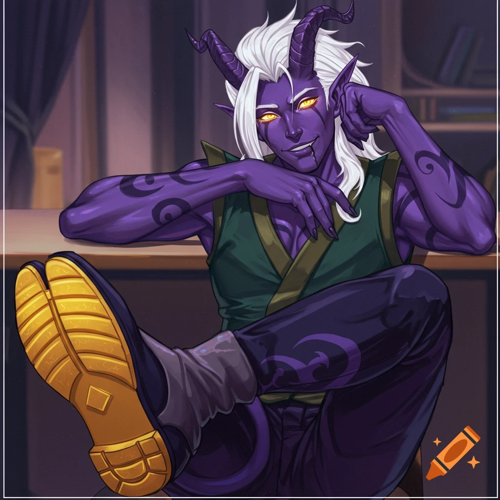 Purple-skinned Tiefling character with white hair and horns, sitting with feet up on a desk.