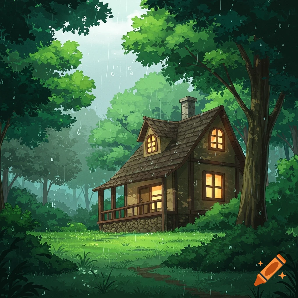 Anime illustration of a cozy cottage in a rainy forest clearing.