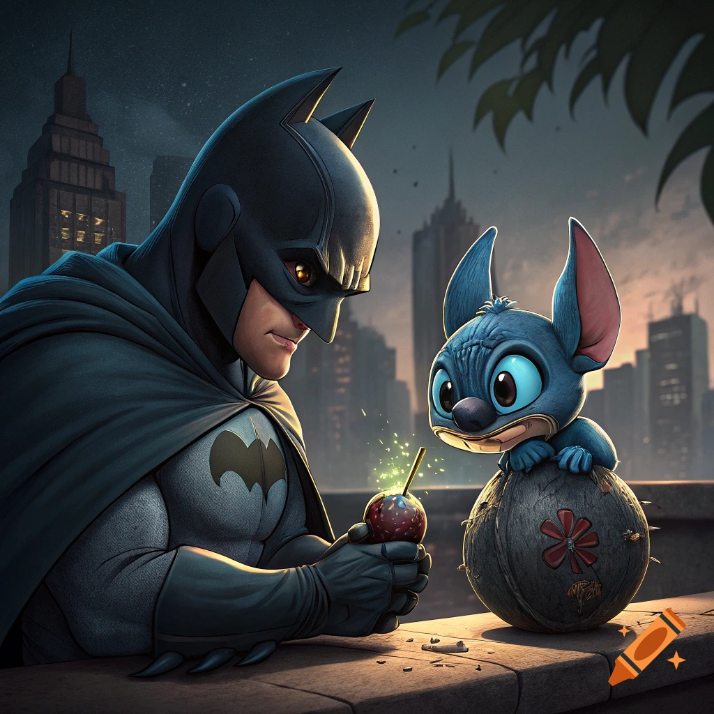 Batman looking at Stitch, who sits on a bomb while holding a small ignited object, on a rooftop overlooking a city.