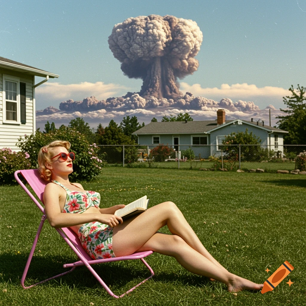 A woman in a 1950s swimsuit reads a book in a yard with an atomic bomb mushroom cloud in the background.