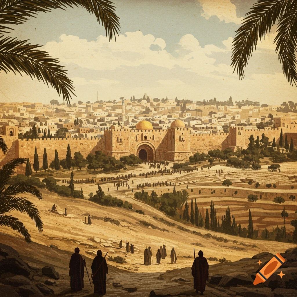 Image of ancient city walls and gate, with people walking in a valley below and palm trees.