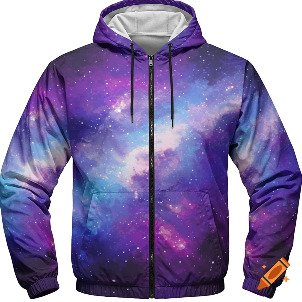 Front view of a windbreaker jacket with a purple and blue galaxy print.