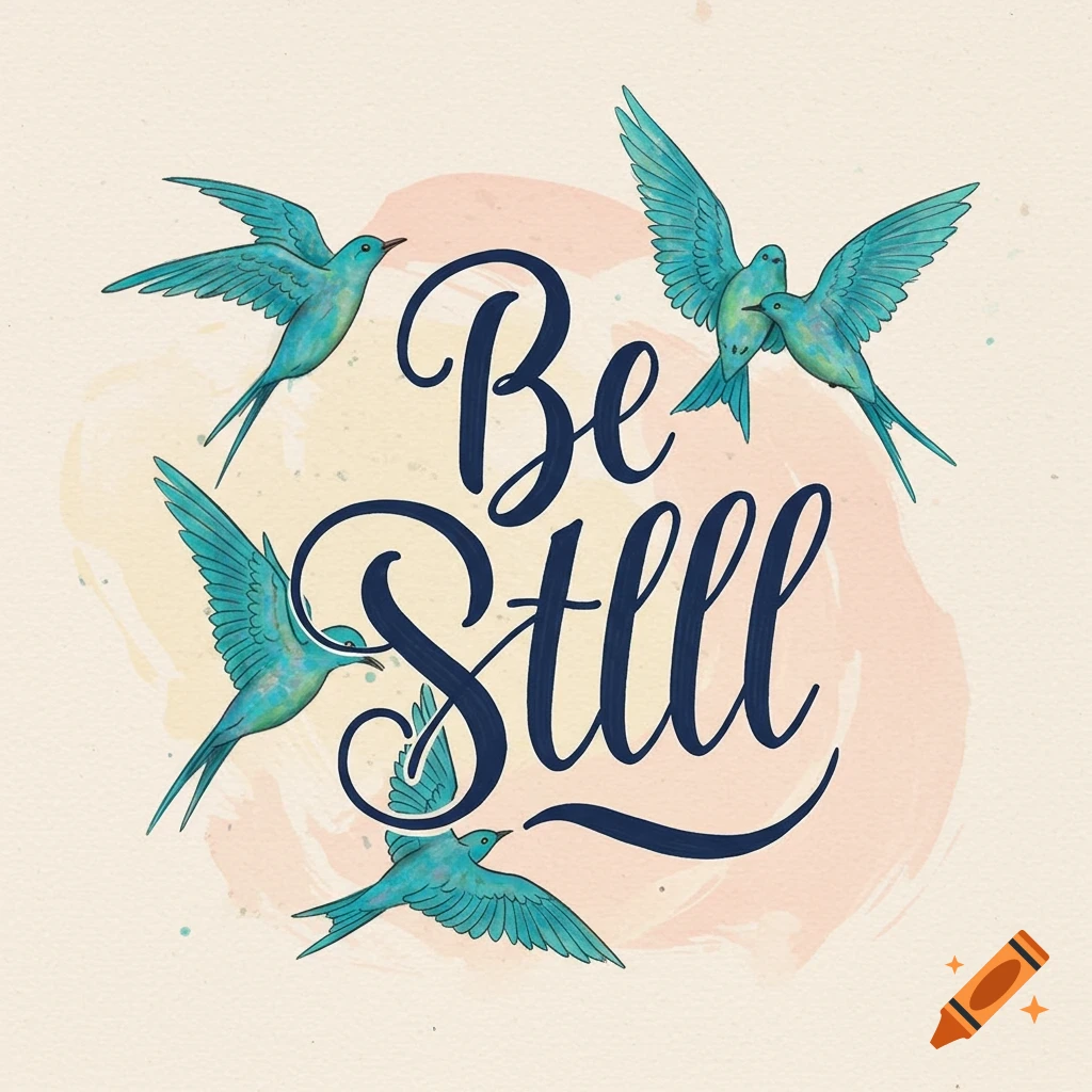 Blue birds flying around the script text 'Be Still'