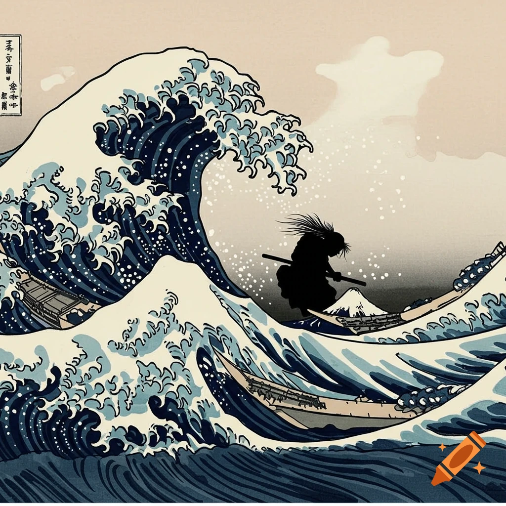 Samurai silhouette on a boat in a large wave, Ukiyo-e style print like Hokusai's Great Wave.