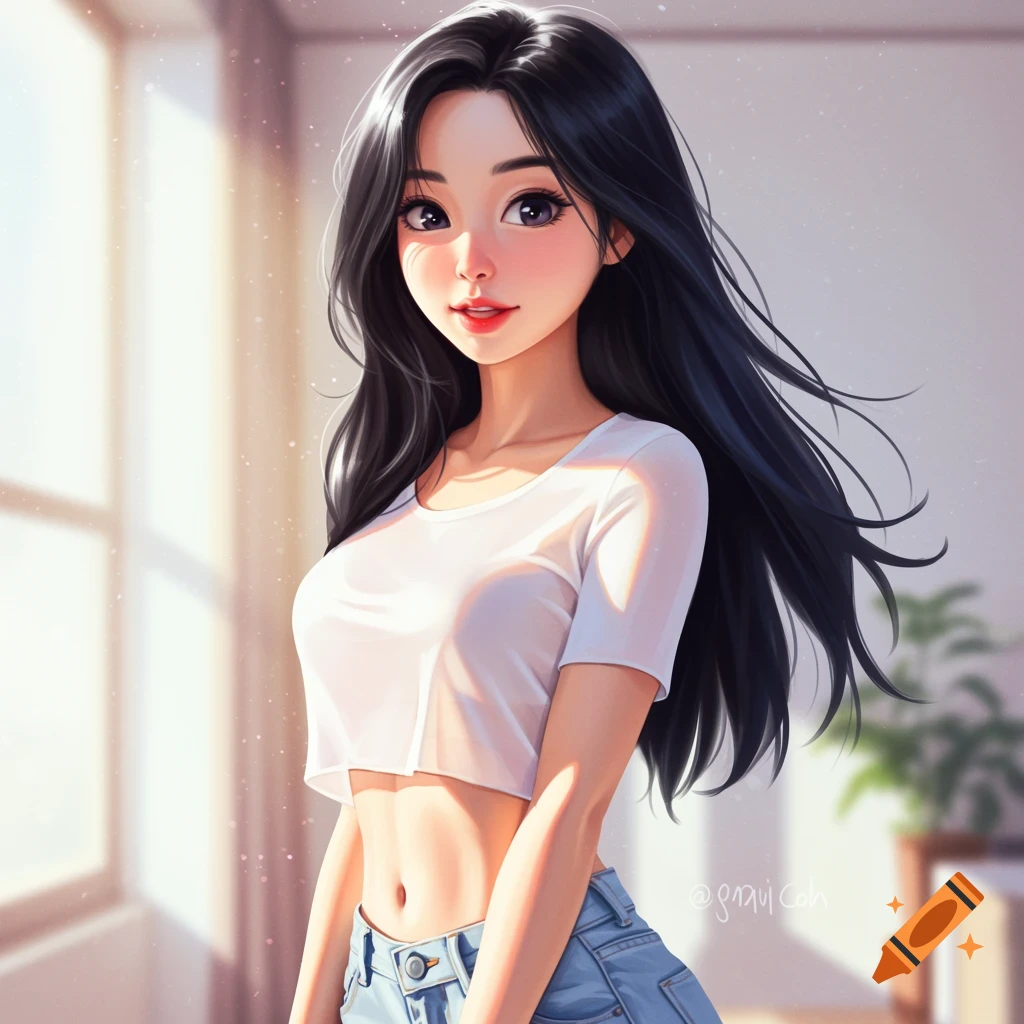 Anime style portrait of a woman in a crop top and jeans in a bright room