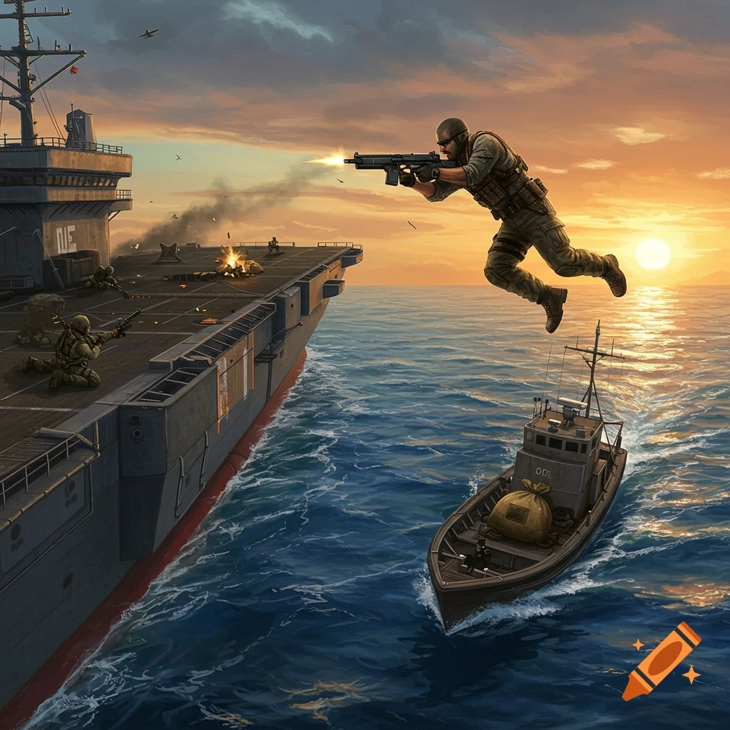 Soldier leaps from aircraft carrier deck onto boat, firing rifle, oil painting style.