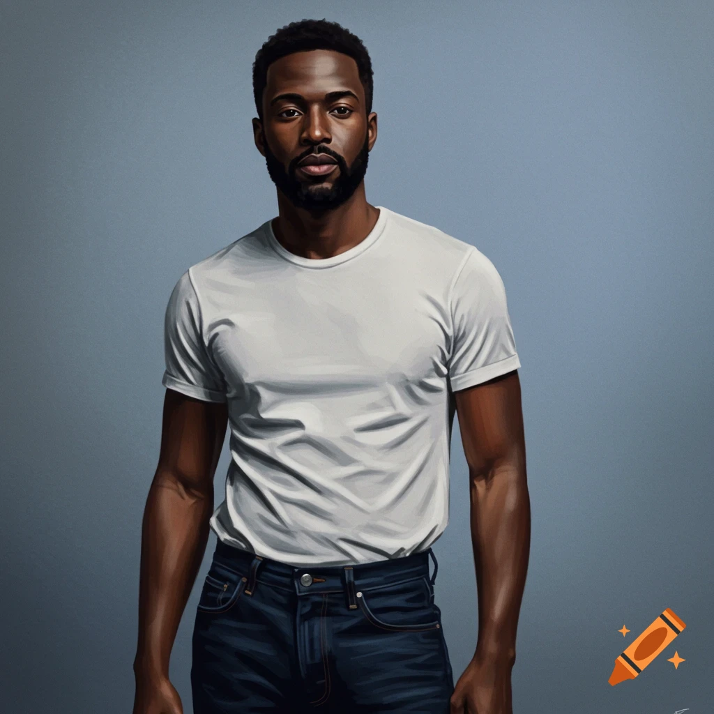A Black man wearing a white t-shirt and jeans is shown against a blue background.