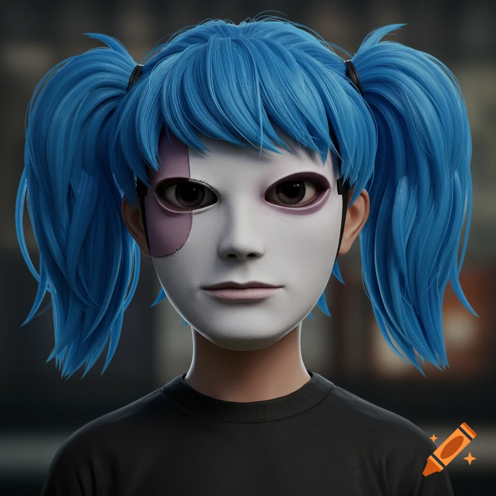 Stylized 3D render of a character wearing a white mask with purple on the eye and blue pigtails.