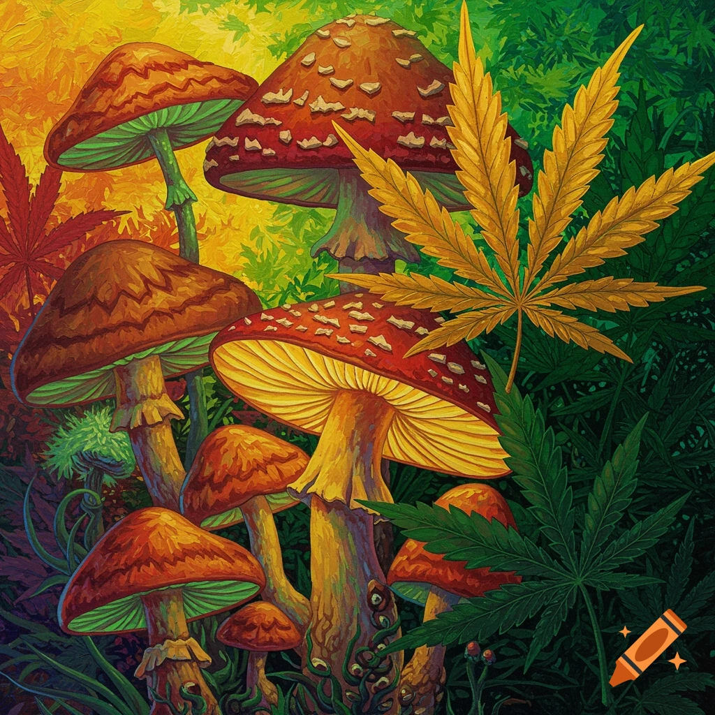 A vibrant psychedelic painting featuring mushrooms and marijuana leaves.