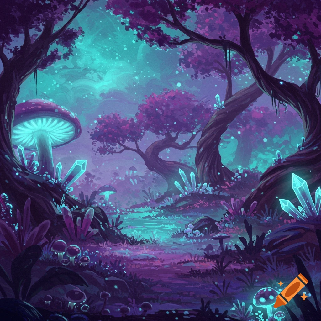 A vibrant fantasy forest with glowing mushrooms, crystals, and purple trees under a starry, turquoise sky.
