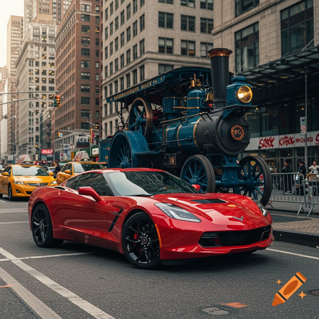 Red Corvette and blue steam engine on a New York city street with yellow cabs and buildings.