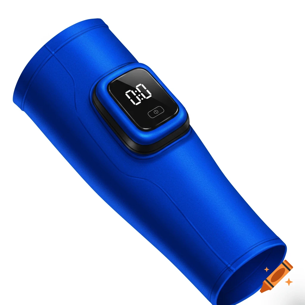 A blue arm compression sleeve with a digital screen showing '0:0'