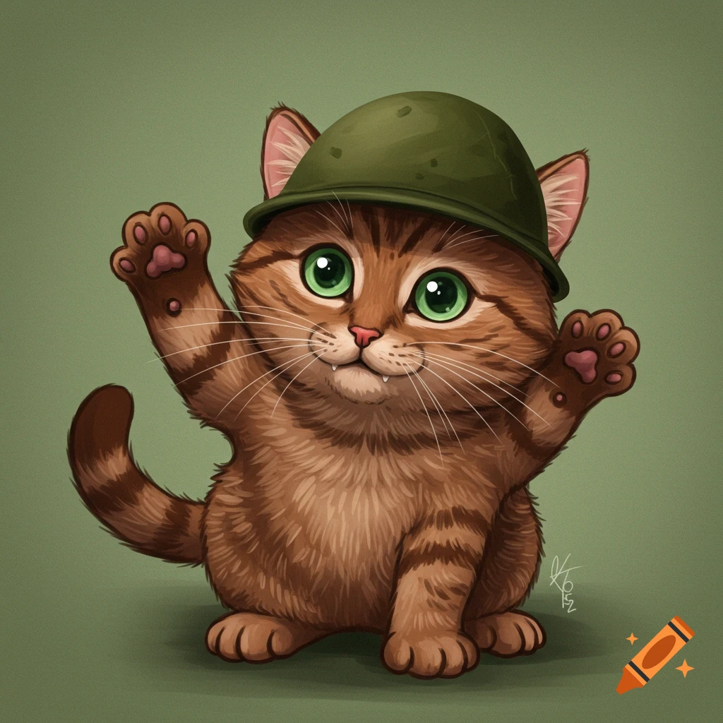 A cute cartoon tabby cat wearing a green army helmet waves.