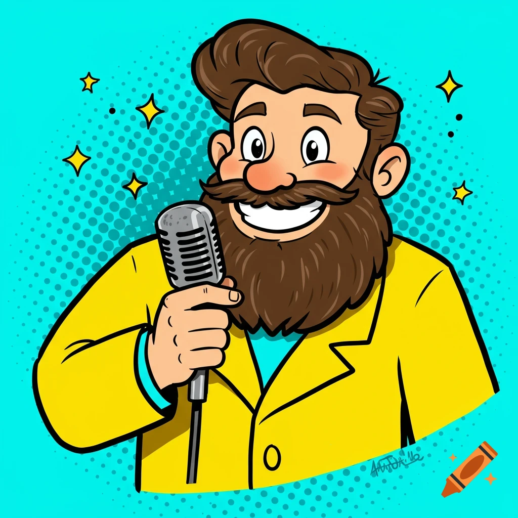 Cartoon man with beard holds a microphone, pop art style.