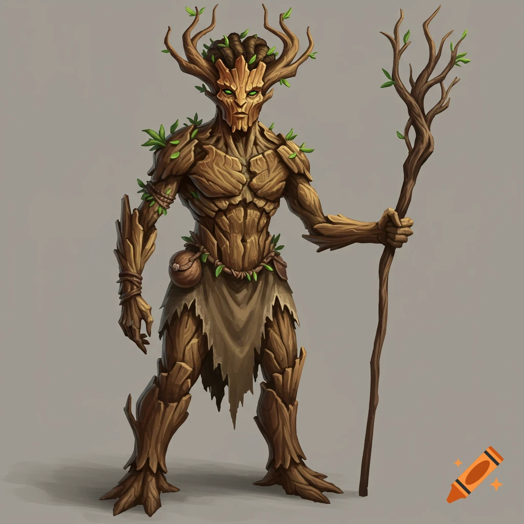 A fantasy tree creature or druid holding a staff.