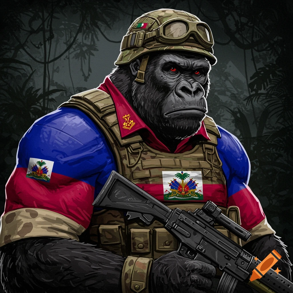 A gorilla soldier in a military uniform featuring Haitian flags, holding a rifle in a jungle.