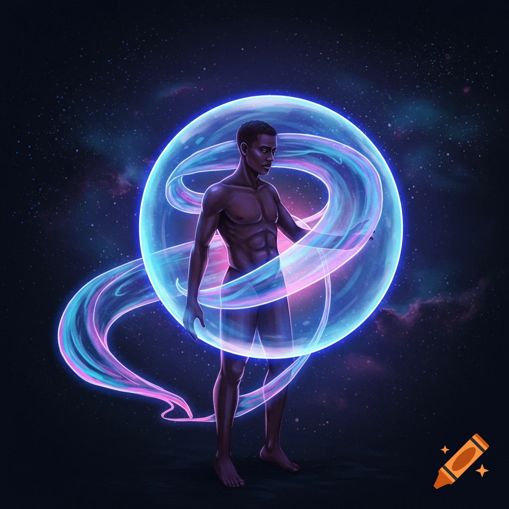 A man stands in space surrounded by a glowing blue and pink energy sphere with a tail.