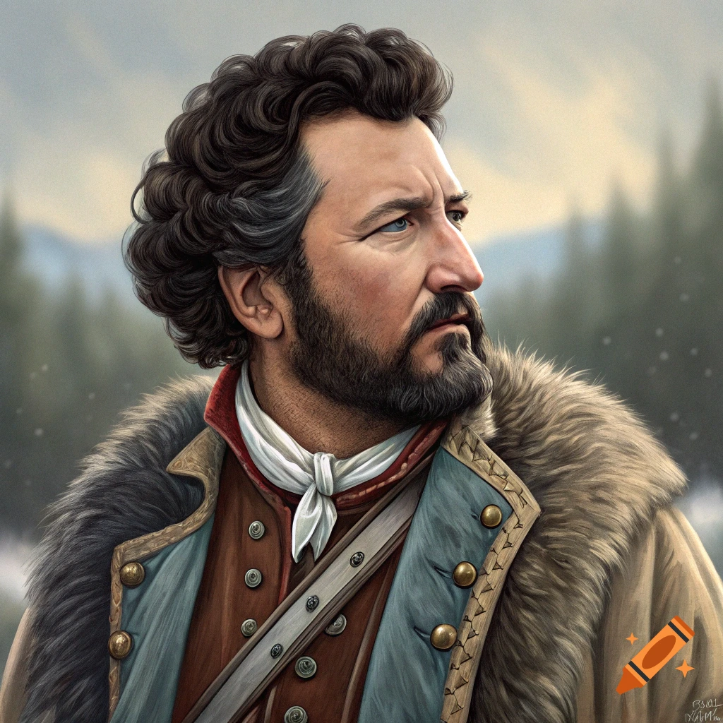 Historical portrait illustration of a man with curly hair, beard, and mustache, wearing a fur-lined coat and neck scarf, looking right.