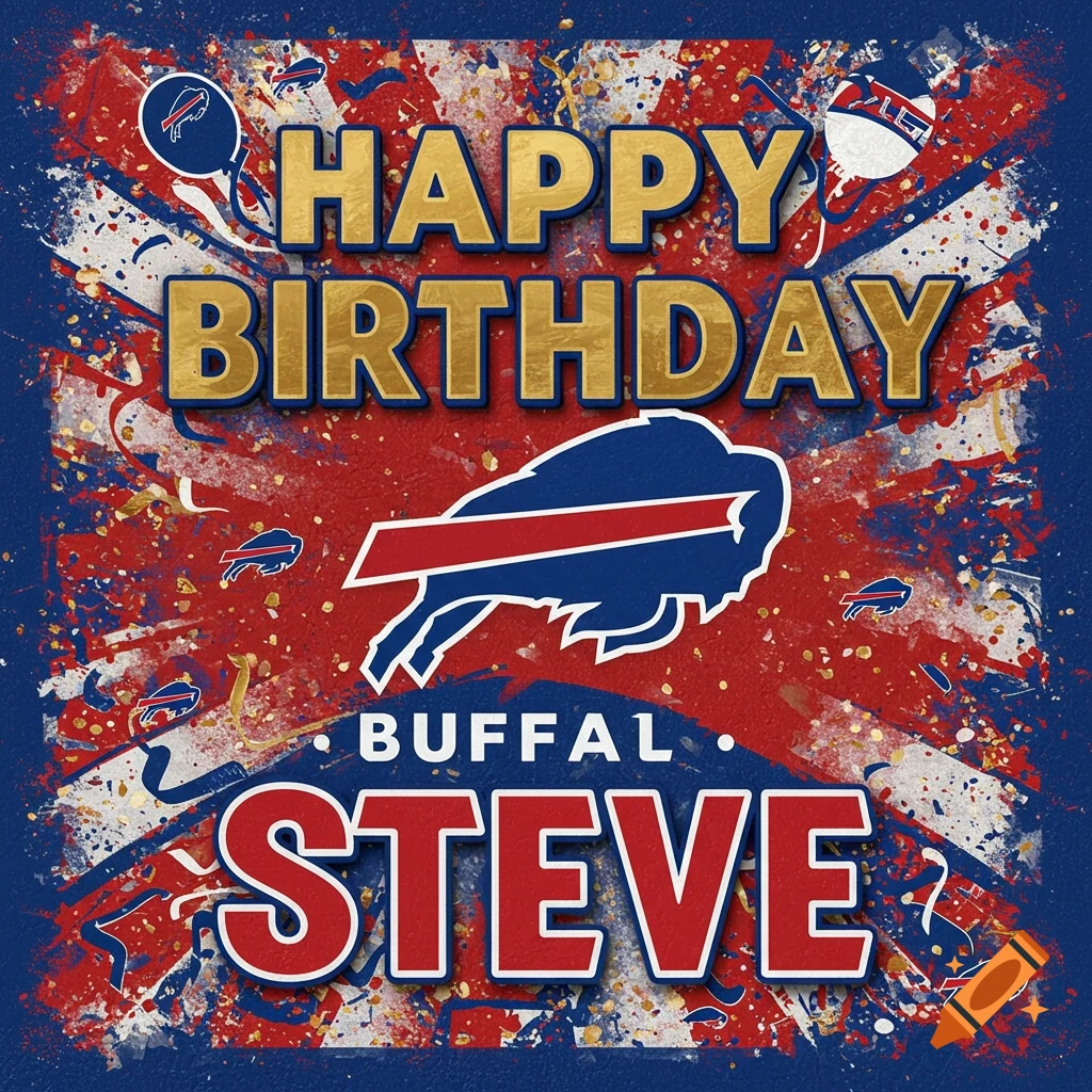 Happy Birthday Steve graphic with Buffalo Bills theme, logo, and confetti on a red, white, and blue background.