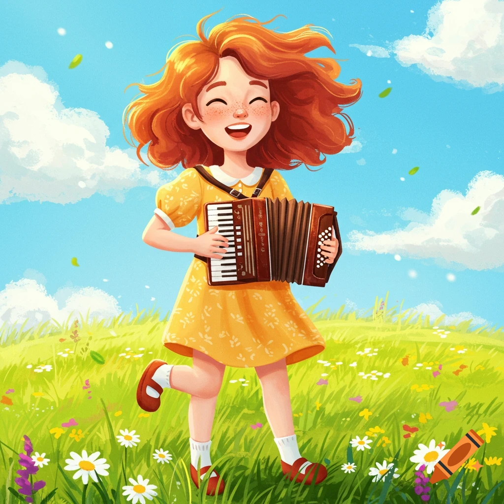 A happy red-haired girl in a yellow dress skips through a field playing an accordion, illustrated.