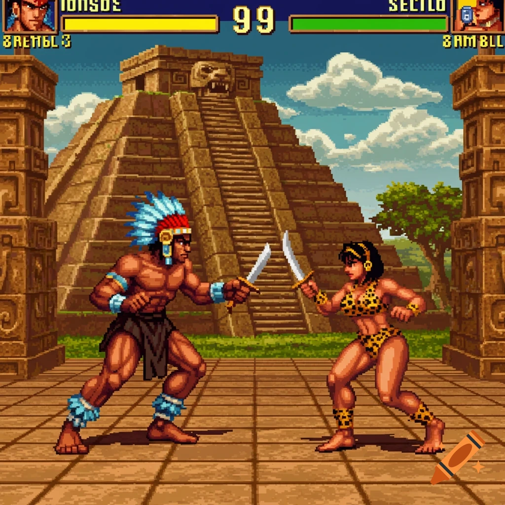 Pixel art fighting game screenshot with two characters fighting in front of an Aztec temple.