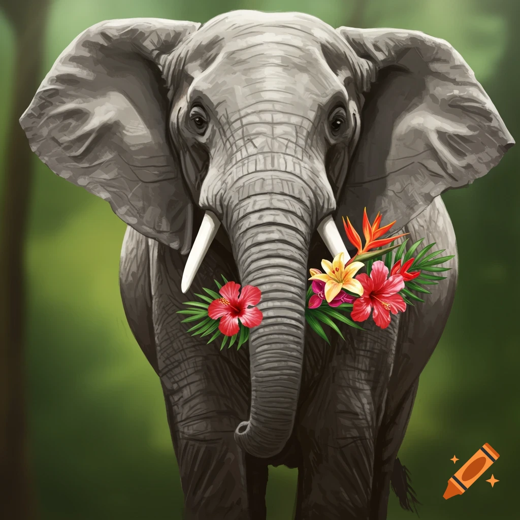 An elephant holding colorful flowers in its trunk