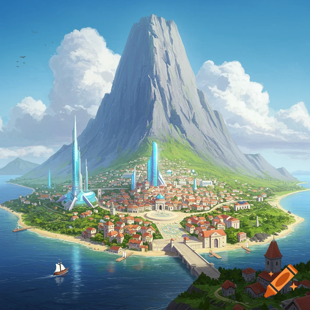 A futuristic and traditional city on an island surrounding a massive mountain, seen from the water.