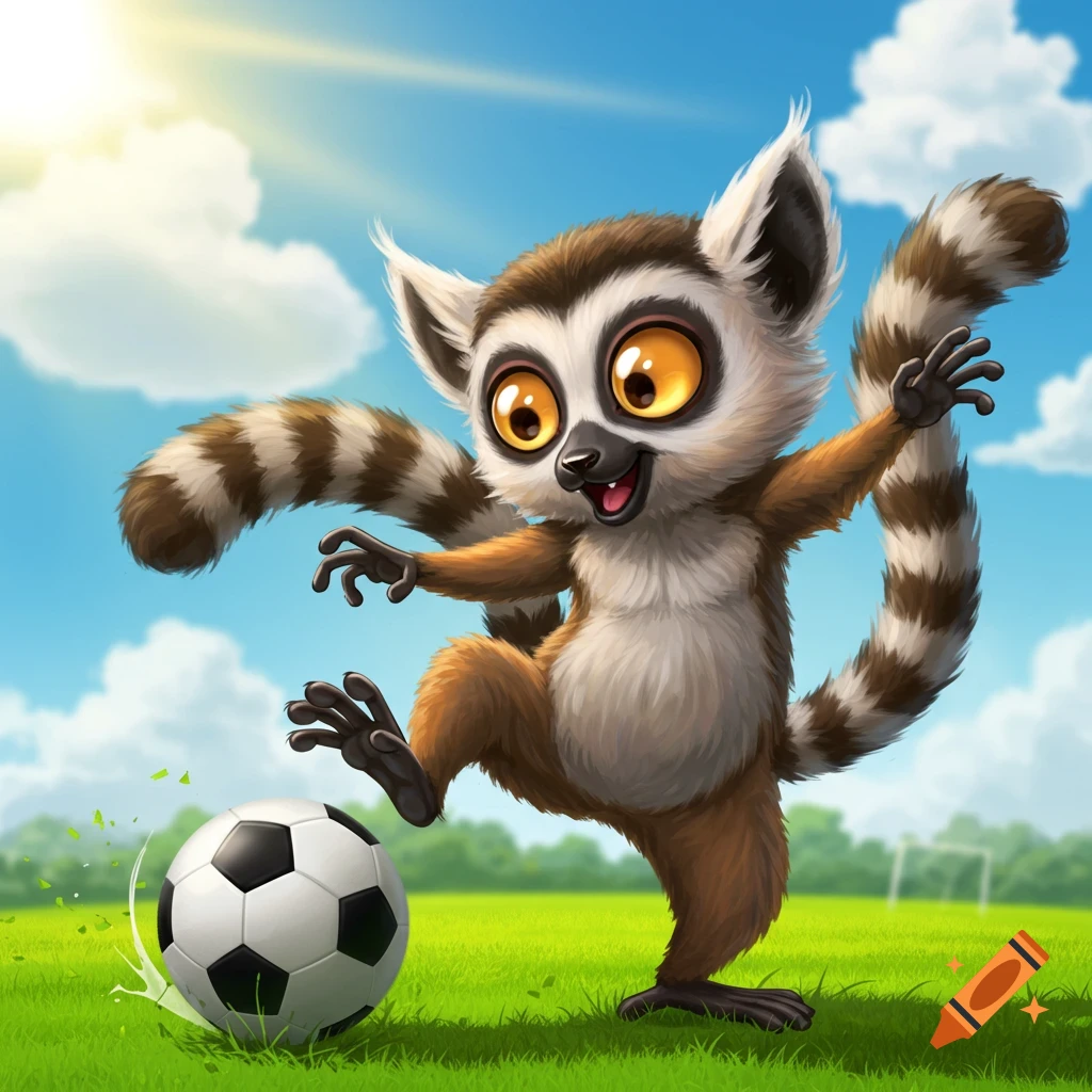 Cartoon lemur playing soccer in a grassy field under a sunny sky.