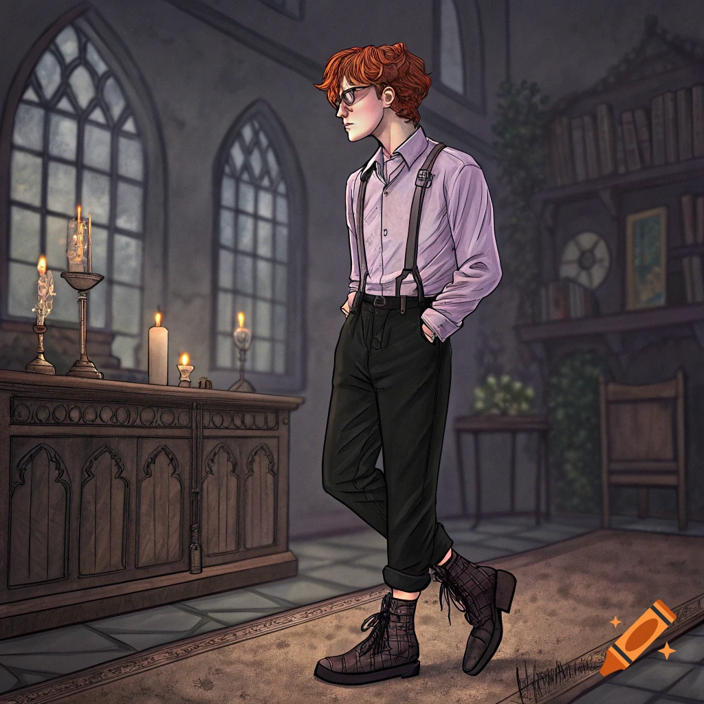 Illustration of a person with red hair and glasses, wearing a shirt and suspenders, standing in a gothic room.