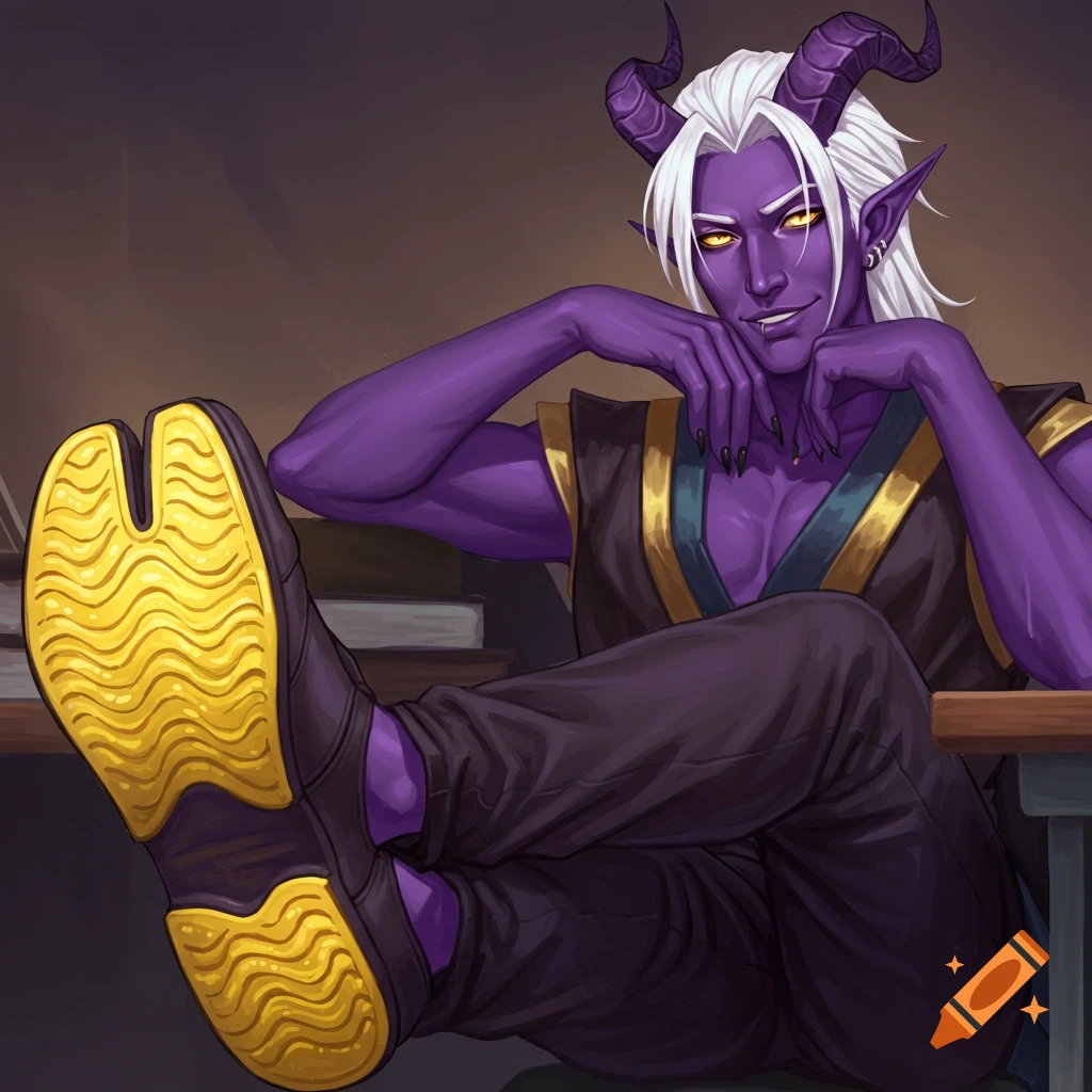 A purple-skinned Tiefling with white hair sits with feet on a desk, wearing unique two-toed shoes.