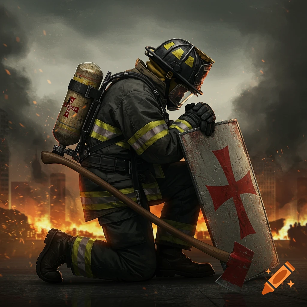A firefighter kneels with a Templar shield and axe in a burning city.