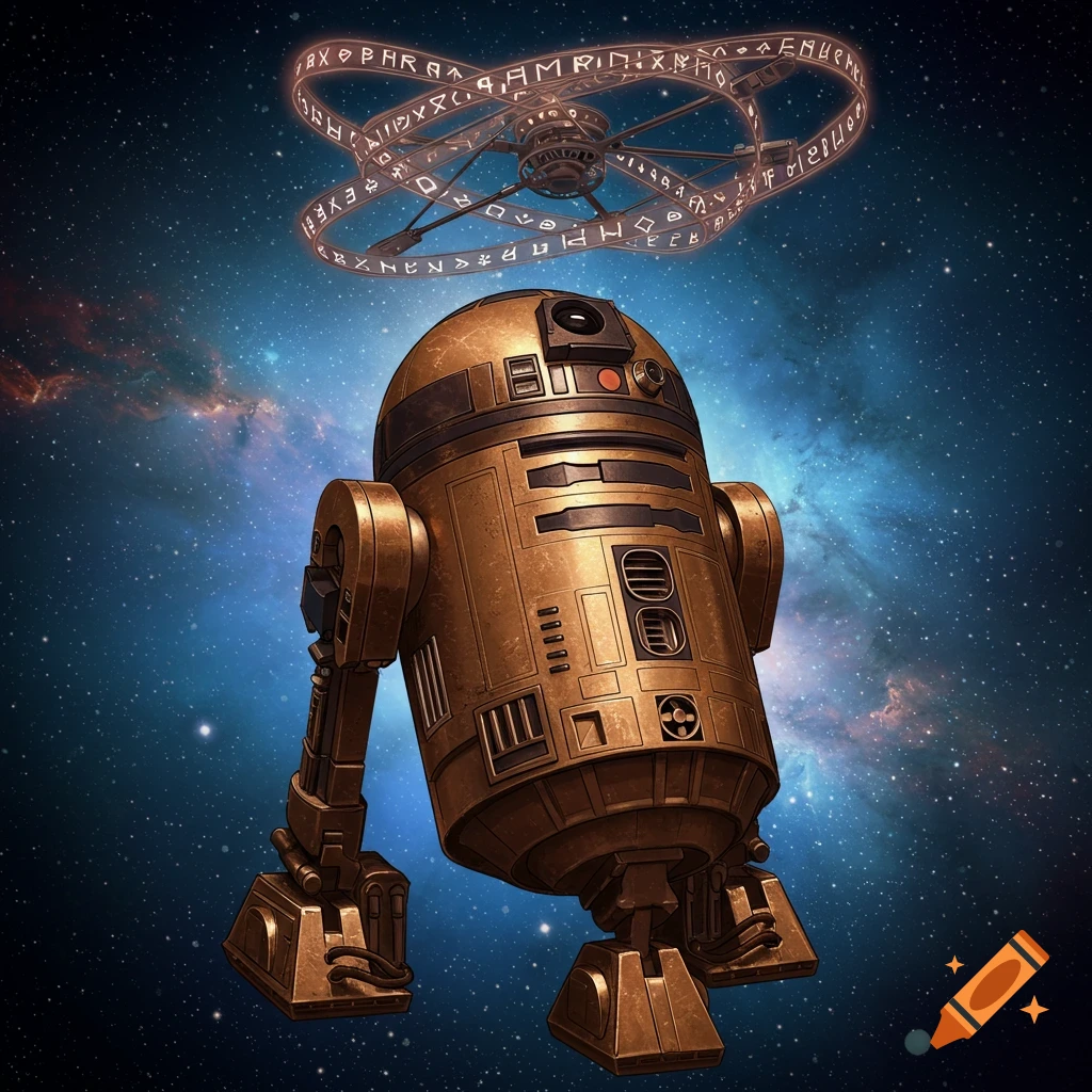 A bronze robot resembling R2-D2 floats in space under glowing rings inscribed with symbols.