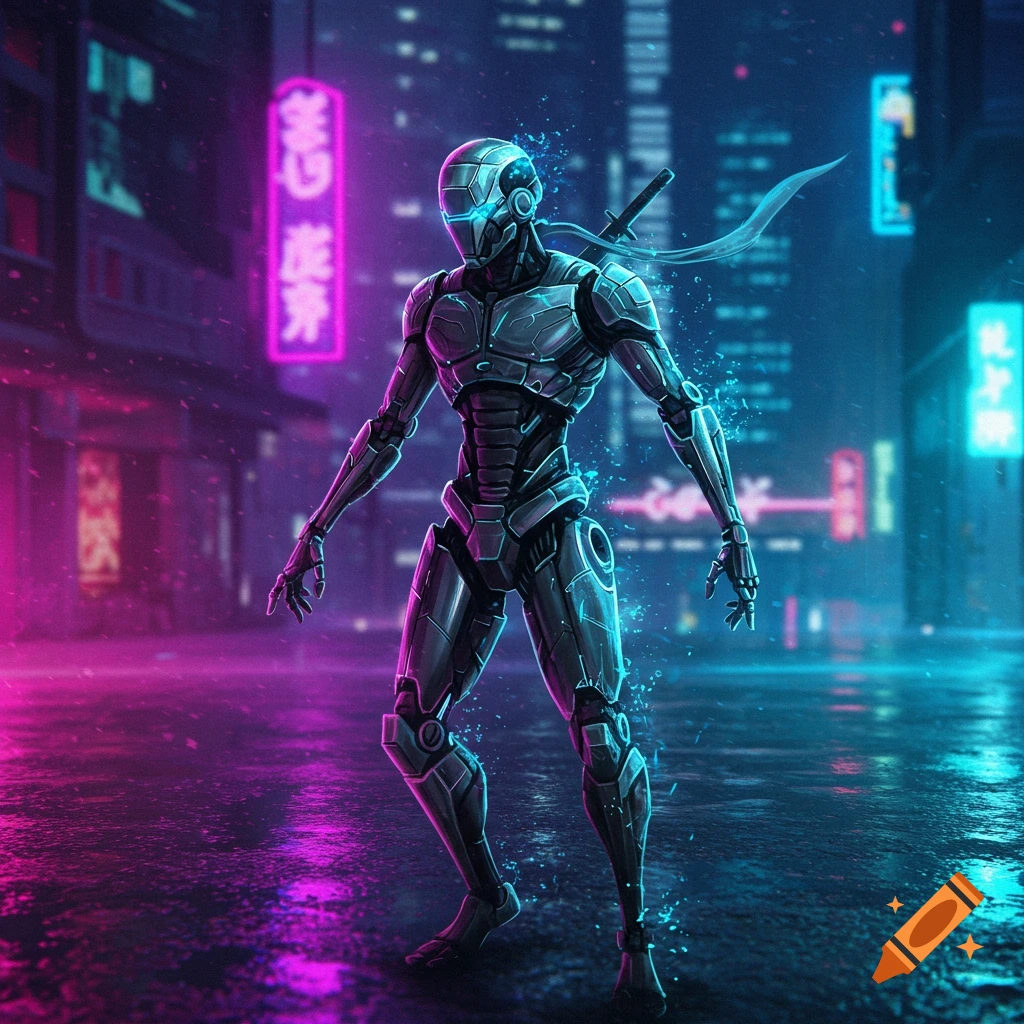 A robot ninja stands in a neon-lit cyberpunk city street