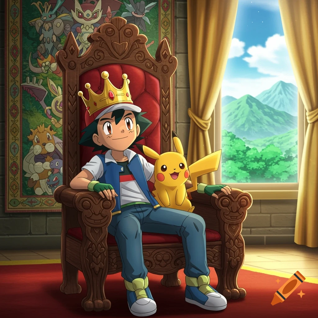 Ash Ketchum and Pikachu sit on an ornate throne with a tapestry and window.