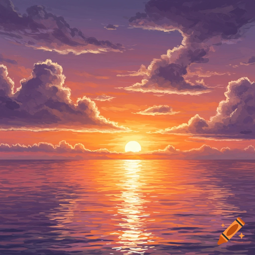 A vibrant orange and purple sunset over the ocean.