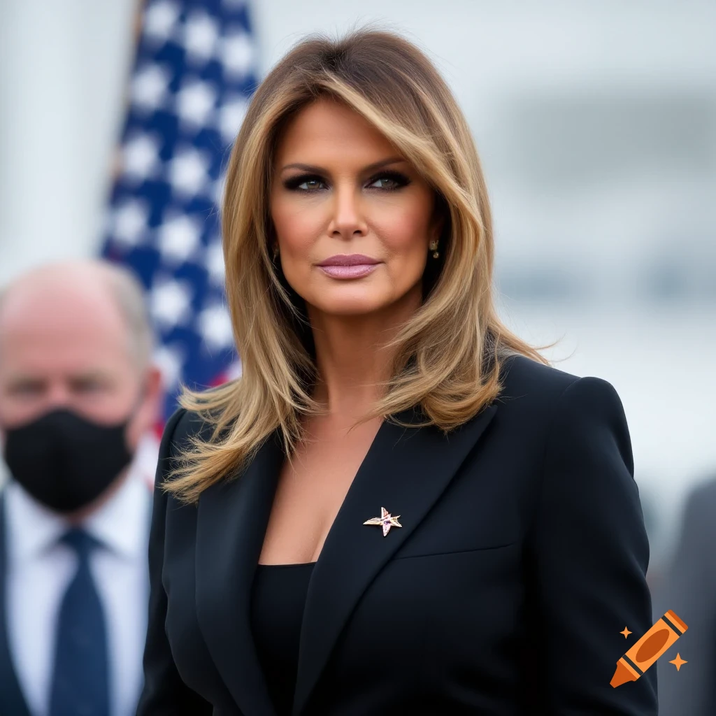 Melania Trump in a black suit with a star pin, with an American flag in the background