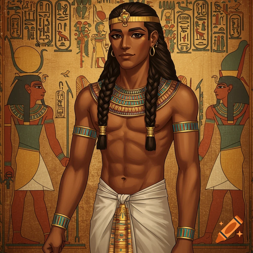 An Egyptian man with long braided hair and gold jewelry stands in front of a wall covered in hieroglyphs.