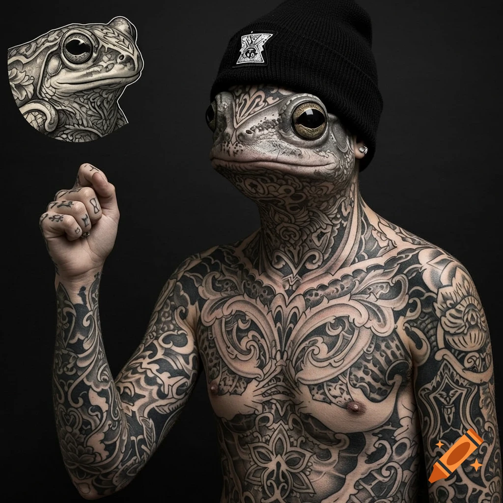 Person with frog head and full-body blackwork tattoos wearing a black beanie against a black background, with an inset portrait of the frog head.