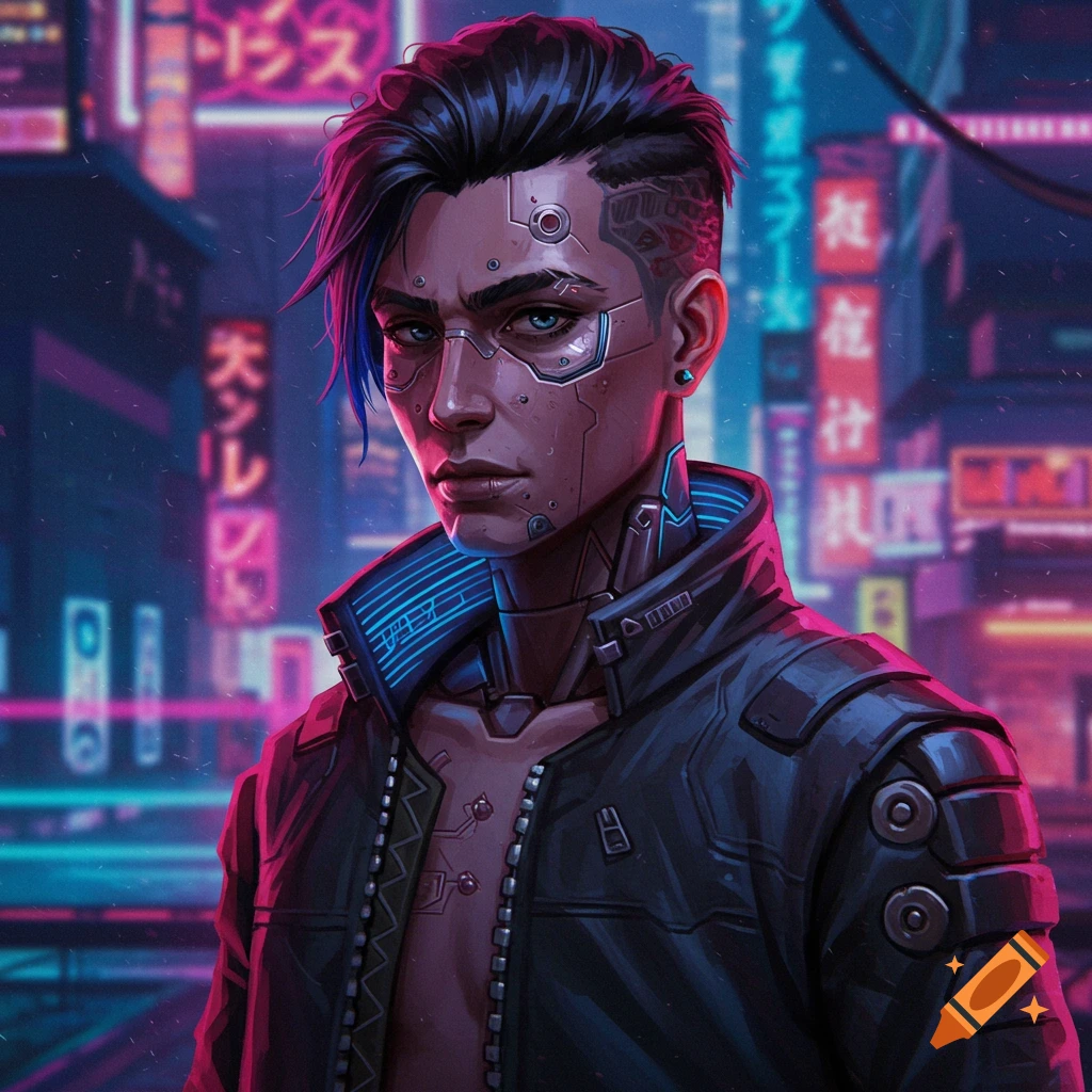 A person with cybernetic parts is in a futuristic city with neon lights.