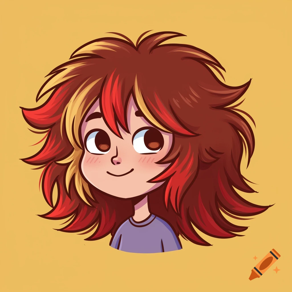Cartoon portrait of a person with brown, red, and blonde spiky hair, big eyes, and a smile on a yellow background.