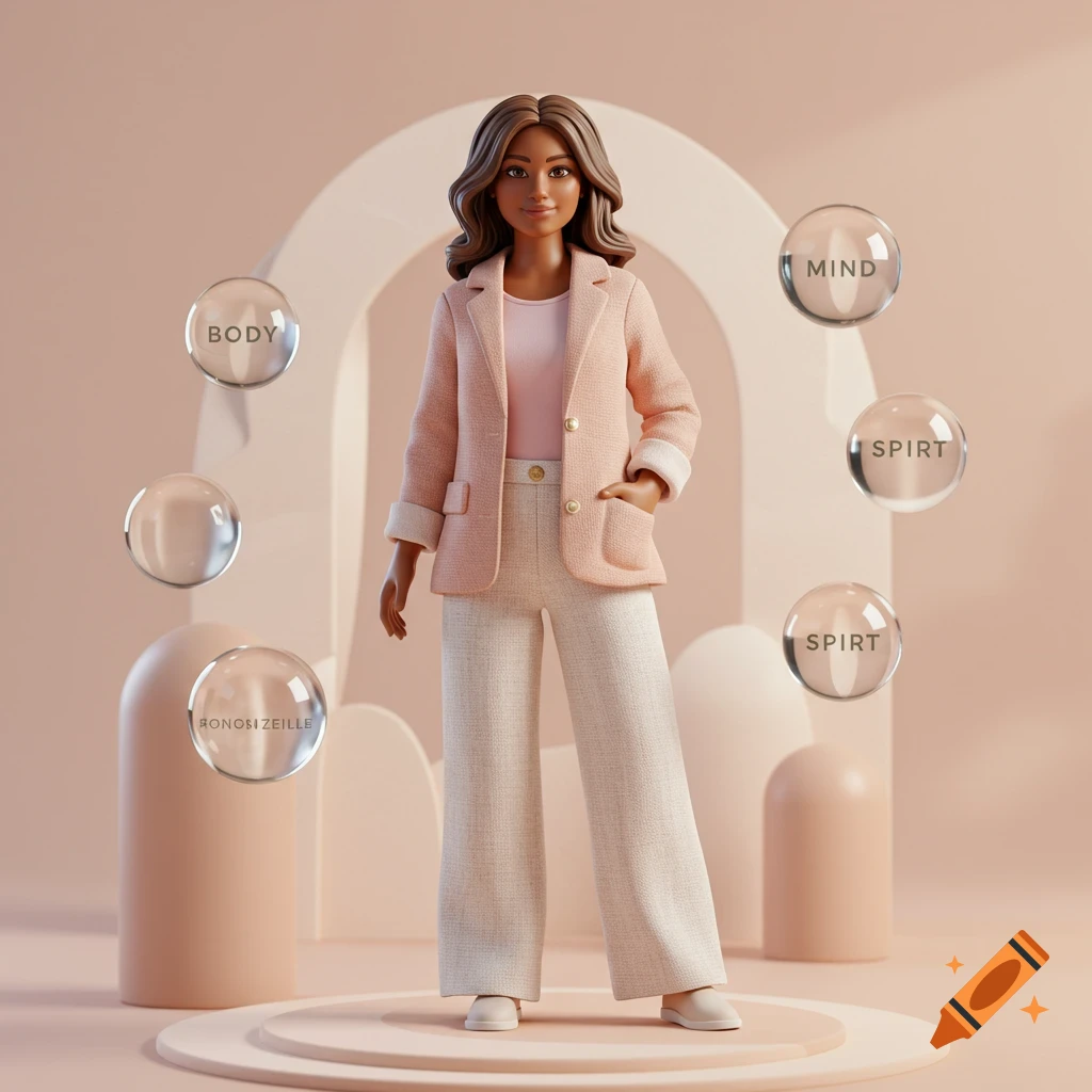 3D render of a Barbie-style figurine of a woman in a pink blazer and white pants, with orbs labeled 'body', 'mind', 'spirt'.