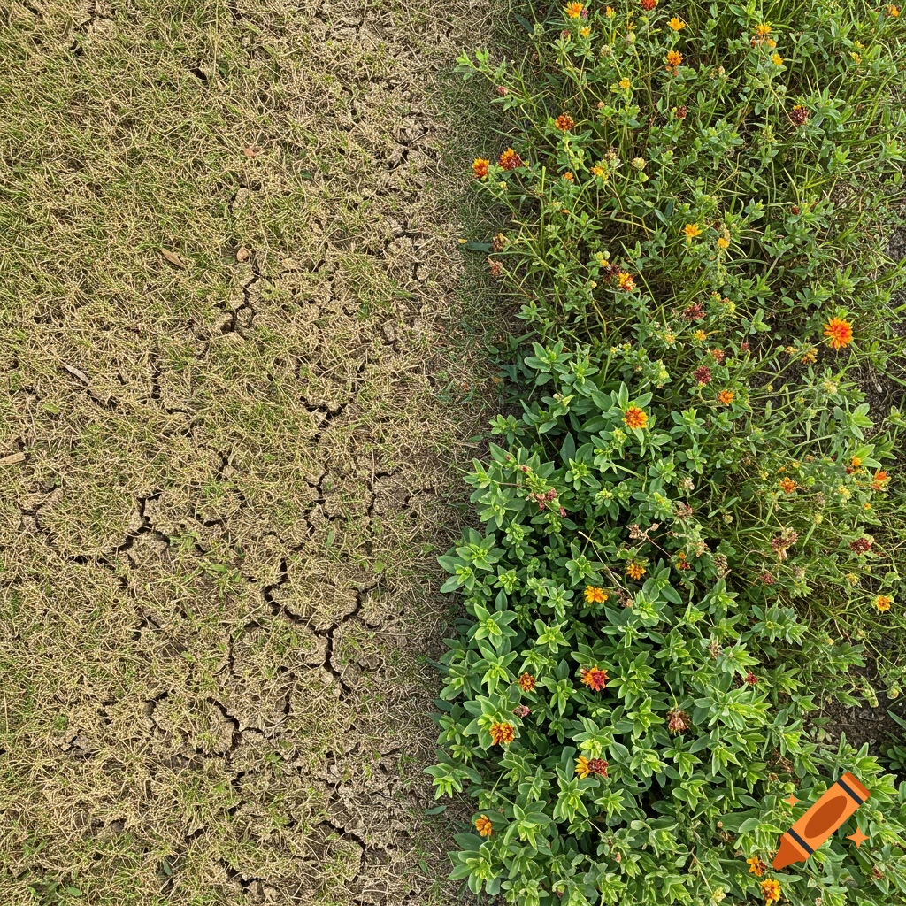 A side-by-side view of dry, cracked earth with dead grass next to lush green plants with small orange flowers.