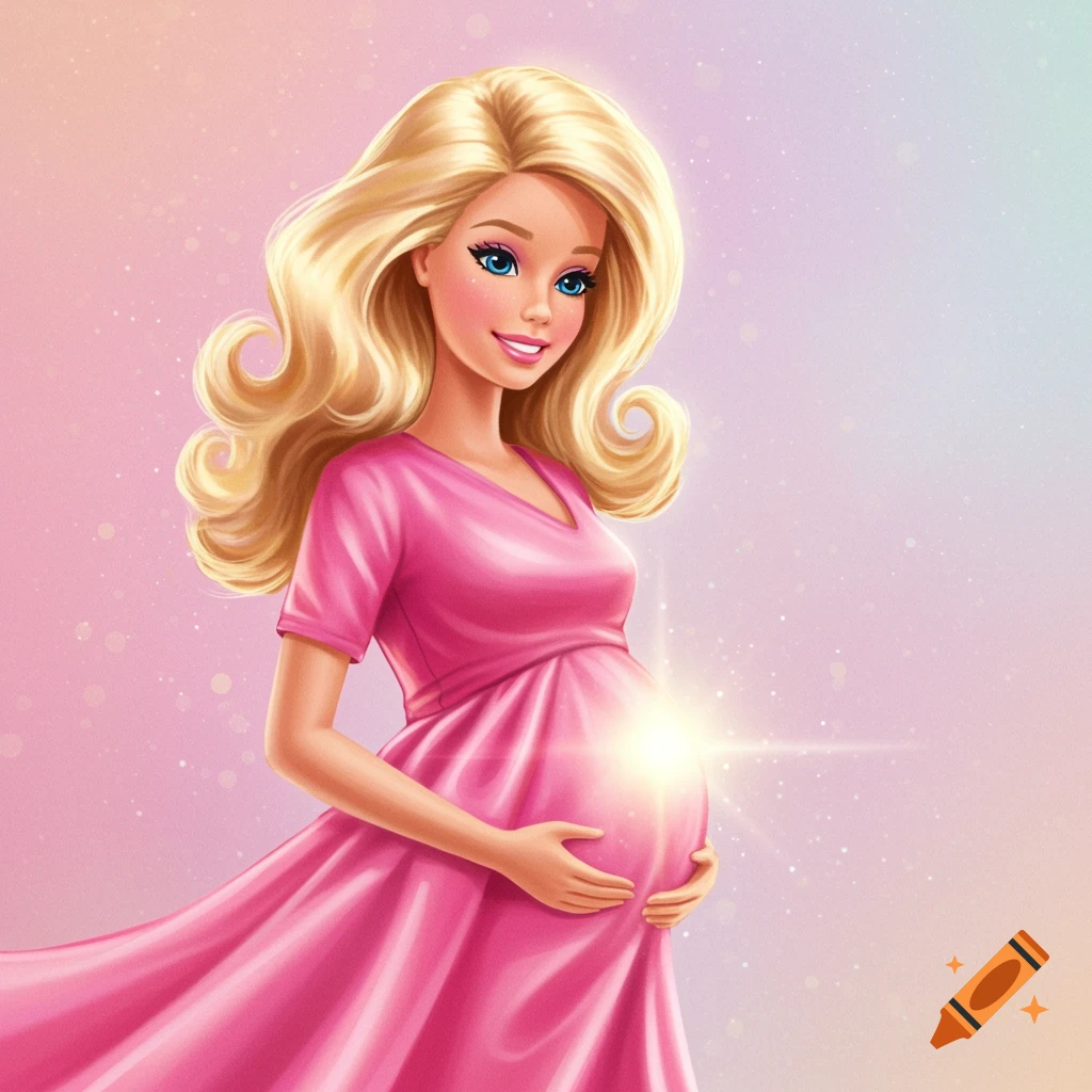 Pregnant Barbie doll in a pink dress.