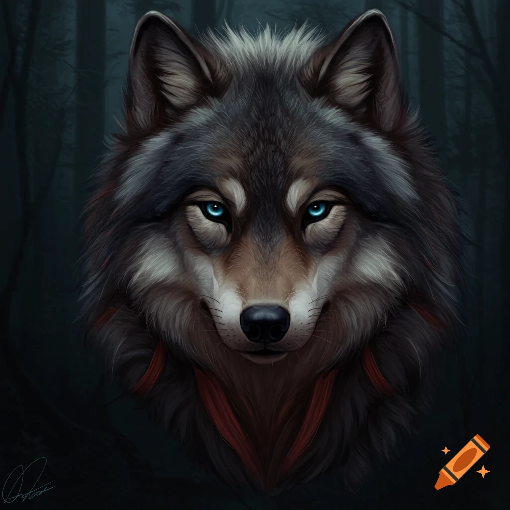 Close-up of a wolf's face with piercing blue eyes.