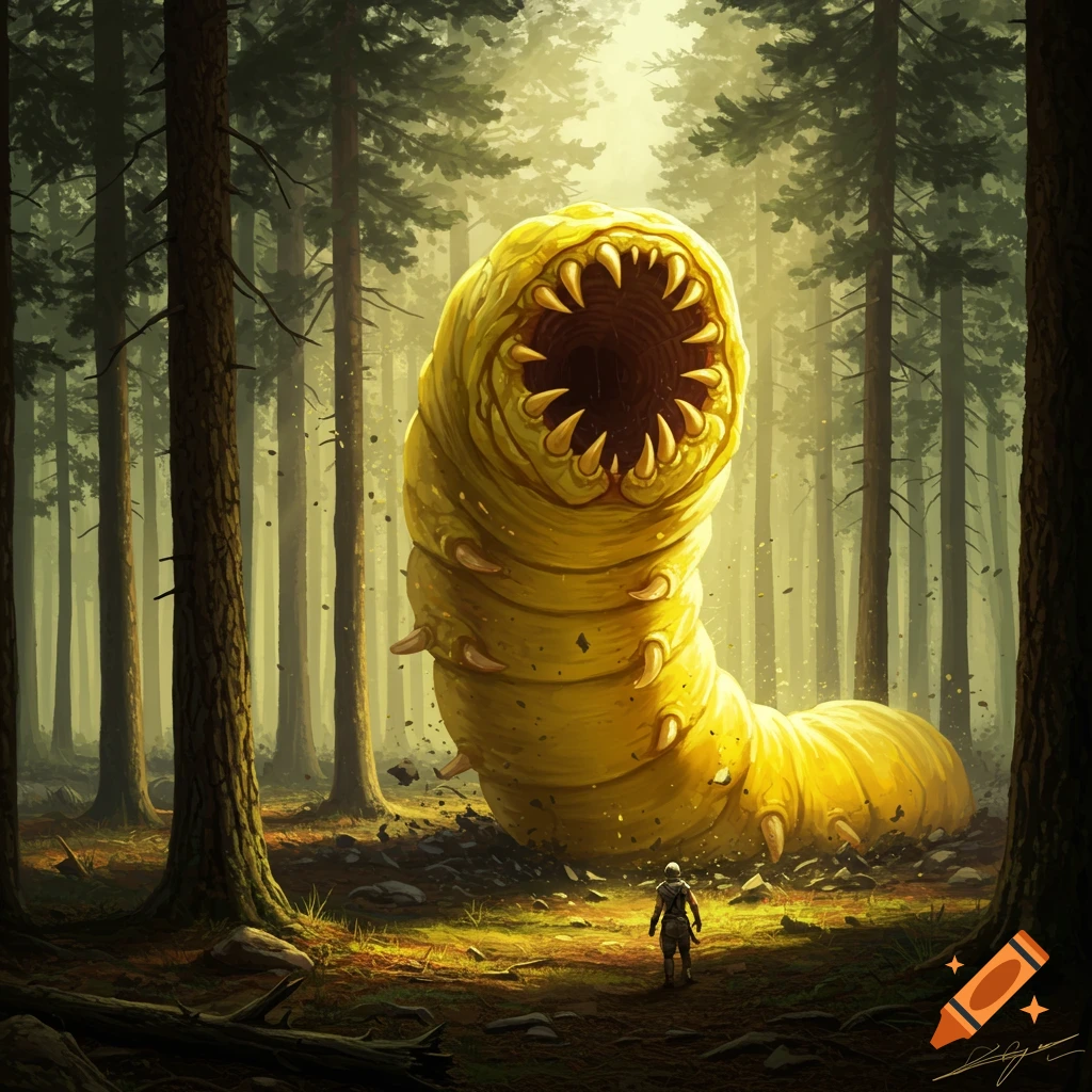 A giant yellow worm with sharp teeth emerges from the ground in a pine forest as a small figure looks on.