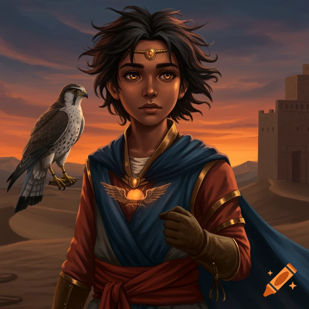 A young desert prince with a falcon on his arm stands in a desert at sunset.