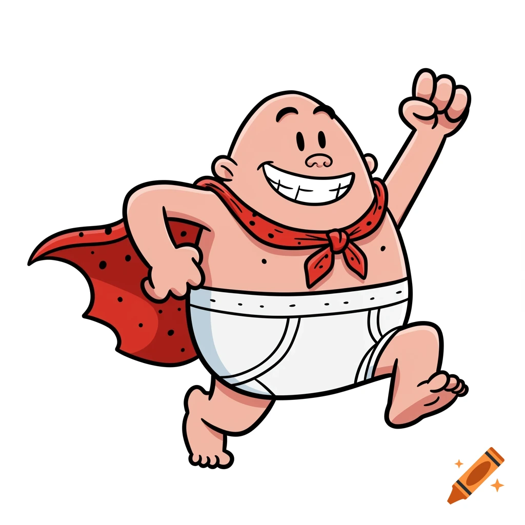 Cartoon of Captain Underpants in red cape and white underwear, running and smiling.